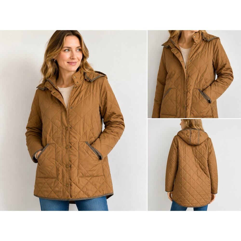 Garnet Hill Women’s Quilted Hooded Jacket Size 2 Camel‎ Brown Cotton Shell Coat